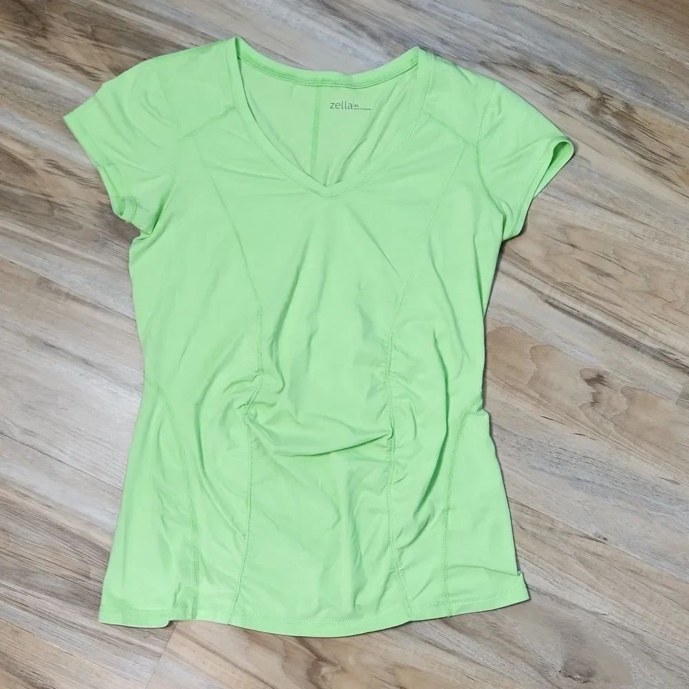 🔹️Zella Green Vneck Short Sleeve Ruched Athletic Top XLarge